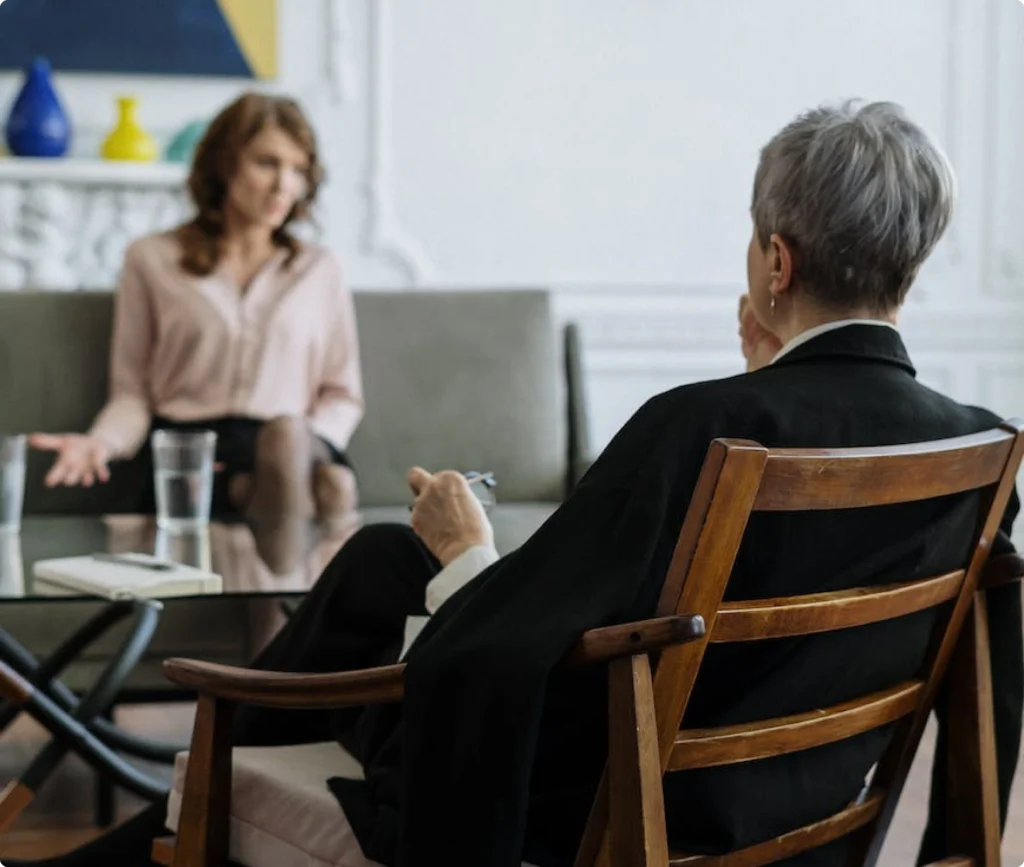 An image of two women conversing, with one woman seated in a chair, engaged in a discussion.